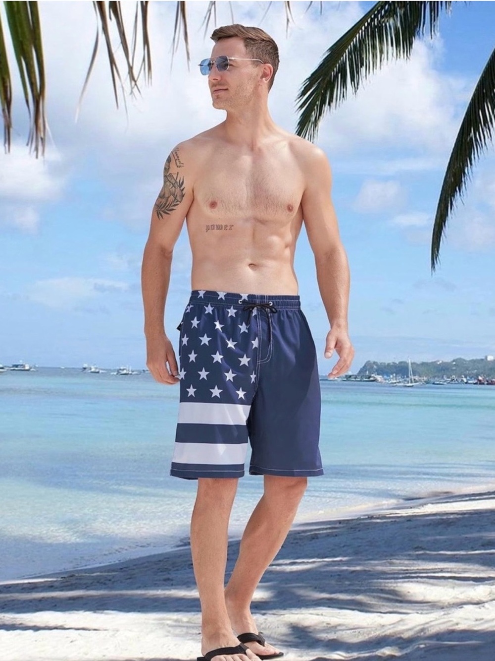 Men's Navy Star & Stripe Swim Trunks with Drawstring